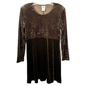 VTG Dress Brown Velvet Burnout Sz 12 Rose Print A-Line Y2K 90s Long Sleeve 1590